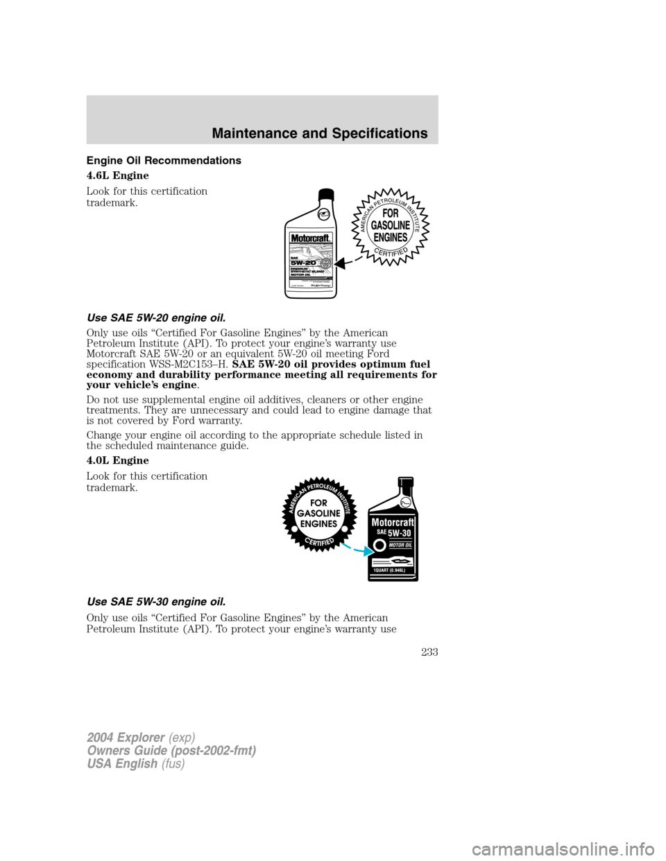 FORD EXPLORER 2004 3.G Owners Manual Engine Oil Recommendations
4.6L Engine
Look for this certification
trademark.
Use SAE 5W-20 engine oil.
Only use oils “Certified For Gasoline Engines” by the American
Petroleum Institute (API). To FORD EXPLORER 2004 3.G Owners Manual Engine Oil Recommendations
4.6L Engine
Look for this certification
trademark.
Use SAE 5W-20 engine oil.
Only use oils “Certified For Gasoline Engines” by the American
Petroleum Institute (API). To