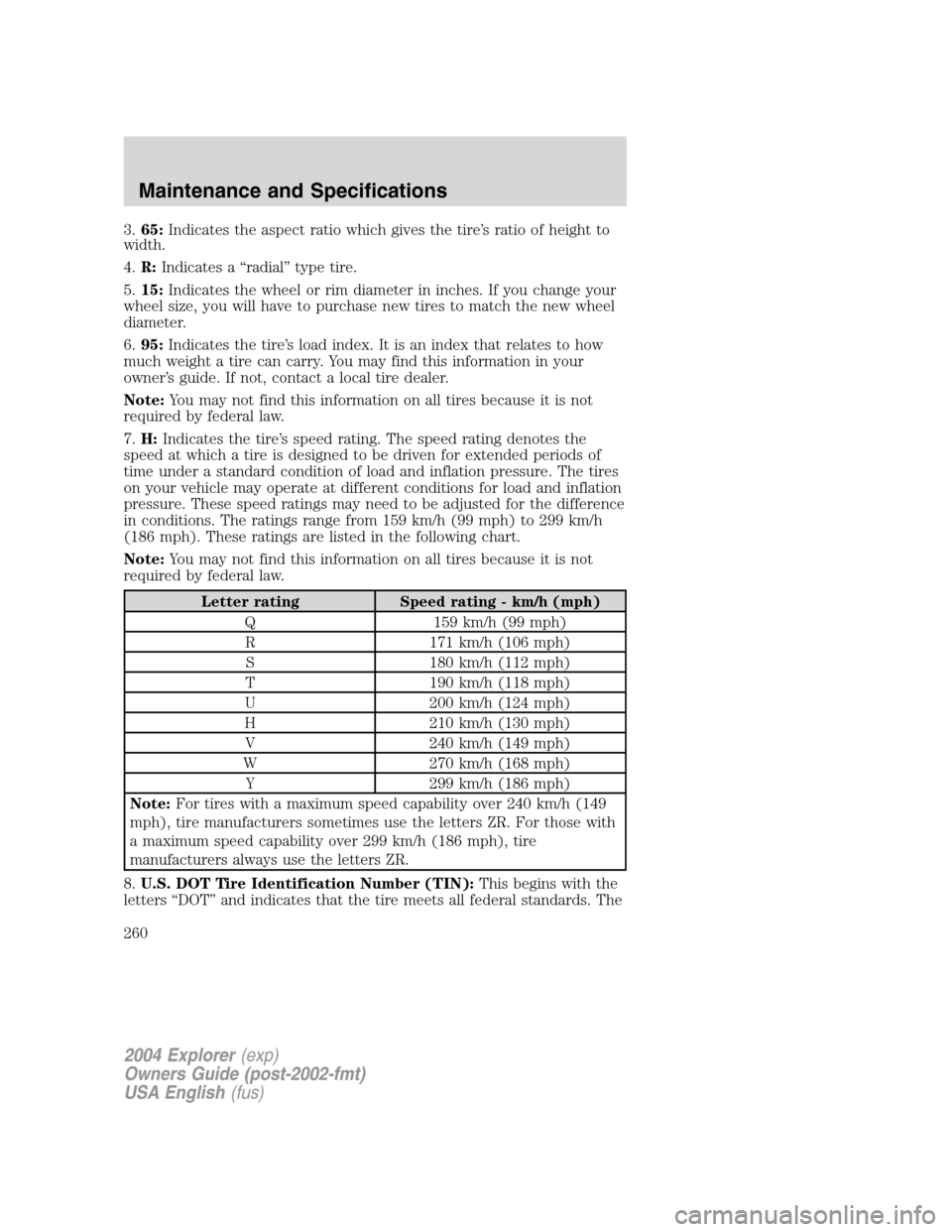 FORD EXPLORER 2004 3.G Owners Manual 3.65:Indicates the aspect ratio which gives the tire’s ratio of height to
width.
4.R:Indicates a “radial” type tire.
5.15:Indicates the wheel or rim diameter in inches. If you change your
wheel FORD EXPLORER 2004 3.G Owners Manual 3.65:Indicates the aspect ratio which gives the tire’s ratio of height to
width.
4.R:Indicates a “radial” type tire.
5.15:Indicates the wheel or rim diameter in inches. If you change your
wheel