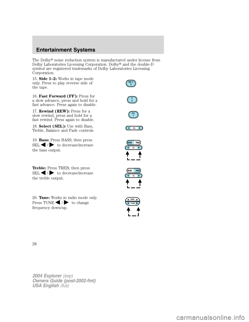 FORD EXPLORER 2004 3.G Owners Manual The Dolbynoise reduction system is manufactured under license from
Dolby Laboratories Licensing Corporation. Dolbyand the double-D
symbol are registered trademarks of Dolby Laboratories Licensing
Co