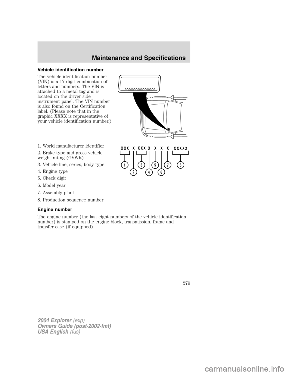 FORD EXPLORER 2004 3.G Owners Manual Vehicle identification number
The vehicle identification number
(VIN) is a 17 digit combination of
letters and numbers. The VIN is
attached to a metal tag and is
located on the driver side
instrument 