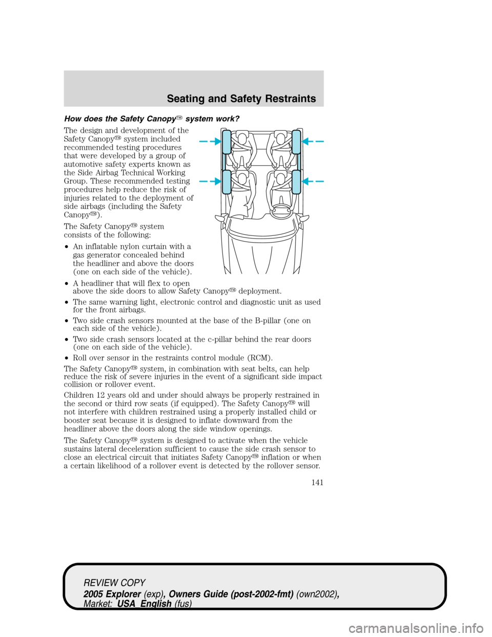 FORD EXPLORER 2005 3.G Owners Manual How does the Safety Canopysystem work?
The design and development of the
Safety Canopysystem included
recommended testing procedures
that were developed by a group of
automotive safety experts known FORD EXPLORER 2005 3.G Owners Manual How does the Safety Canopysystem work?
The design and development of the
Safety Canopysystem included
recommended testing procedures
that were developed by a group of
automotive safety experts known
