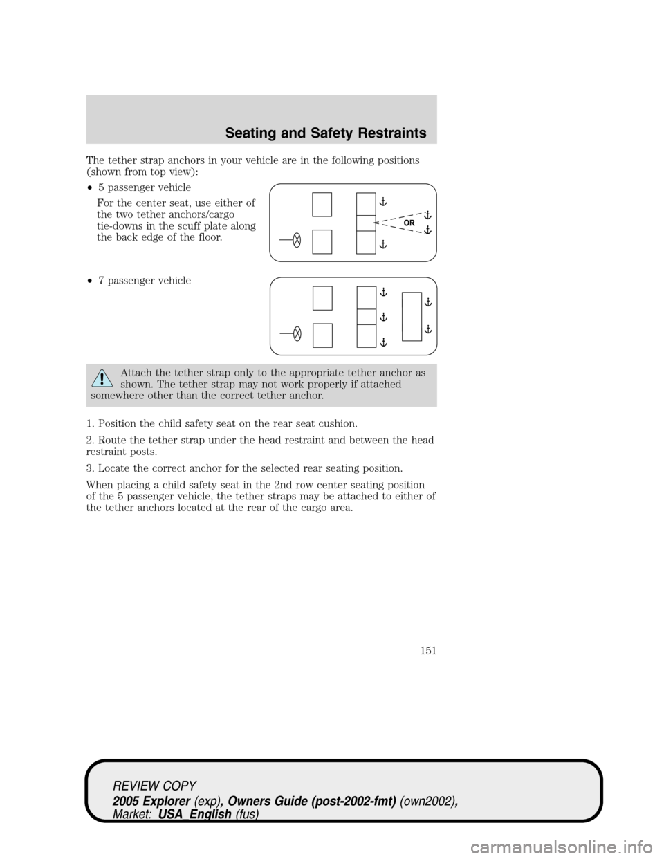FORD EXPLORER 2005 3.G Owners Manual The tether strap anchors in your vehicle are in the following positions
(shown from top view):
•5 passenger vehicle
For the center seat, use either of
the two tether anchors/cargo
tie-downs in the s FORD EXPLORER 2005 3.G Owners Manual The tether strap anchors in your vehicle are in the following positions
(shown from top view):
•5 passenger vehicle
For the center seat, use either of
the two tether anchors/cargo
tie-downs in the s