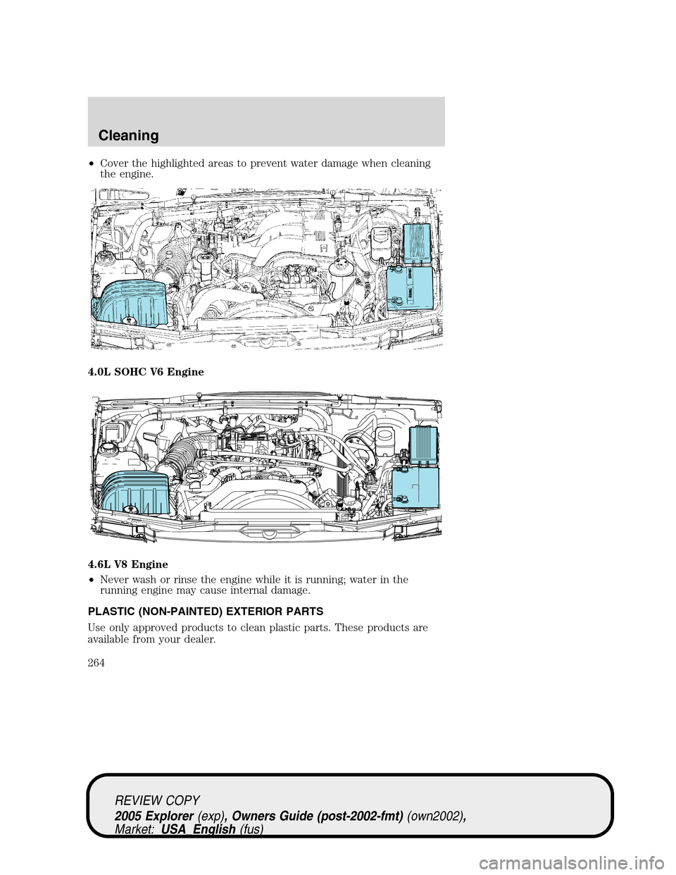 FORD EXPLORER 2005 3.G Owners Manual •Cover the highlighted areas to prevent water damage when cleaning
the engine.
4.0L SOHC V6 Engine
4.6L V8 Engine
•Never wash or rinse the engine while it is running; water in the
running engine m