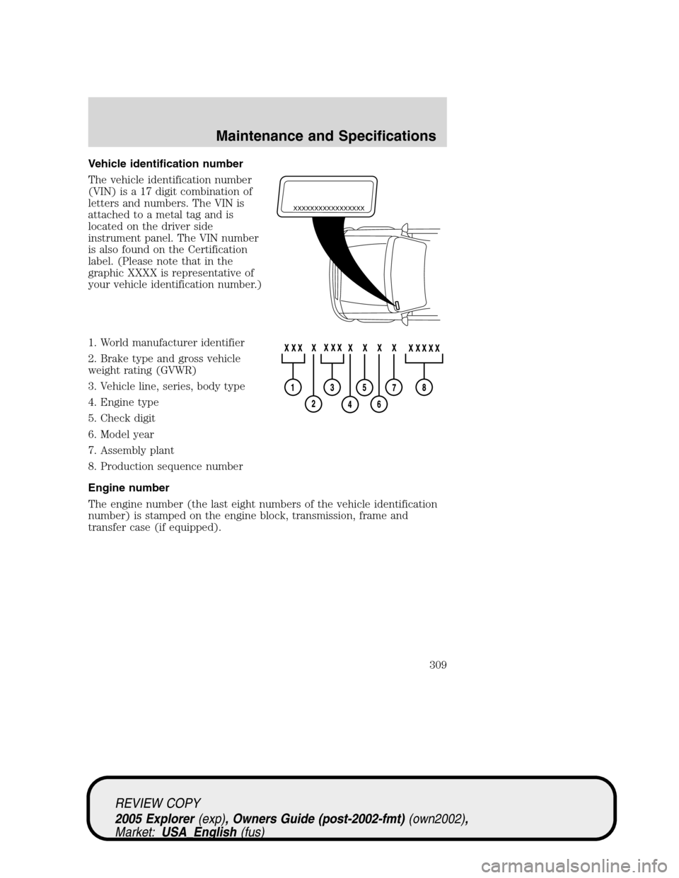FORD EXPLORER 2005 3.G Owners Manual Vehicle identification number
The vehicle identification number
(VIN) is a 17 digit combination of
letters and numbers. The VIN is
attached to a metal tag and is
located on the driver side
instrument 