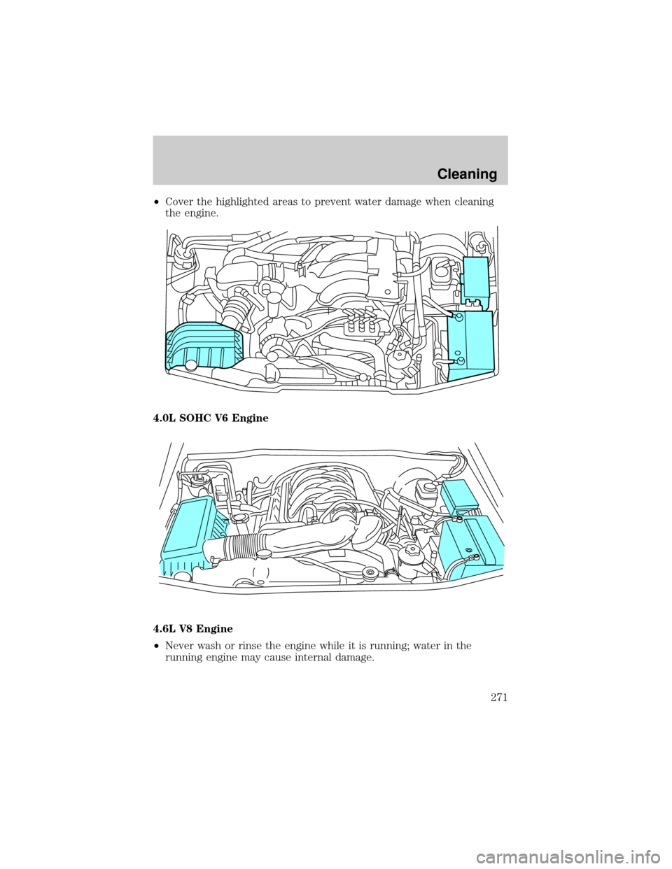 FORD EXPLORER 2006 4.G Owners Manual ²Cover the highlighted areas to prevent water damage when cleaning
the engine.
4.0L SOHC V6 Engine
4.6L V8 Engine
²Never wash or rinse the engine while it is running; water in the
running engine may