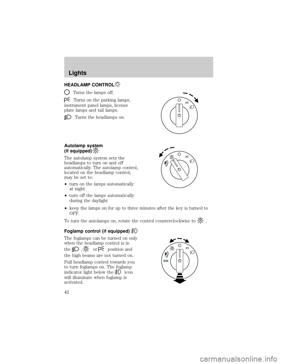 FORD EXPLORER 2006 4.G Owners Manual HEADLAMP CONTROL
Turns the lamps off.
Turns on the parking lamps,
instrument panel lamps, license
plate lamps and tail lamps.
Turns the headlamps on.
Autolamp system
(if equipped)
The autolamp system 