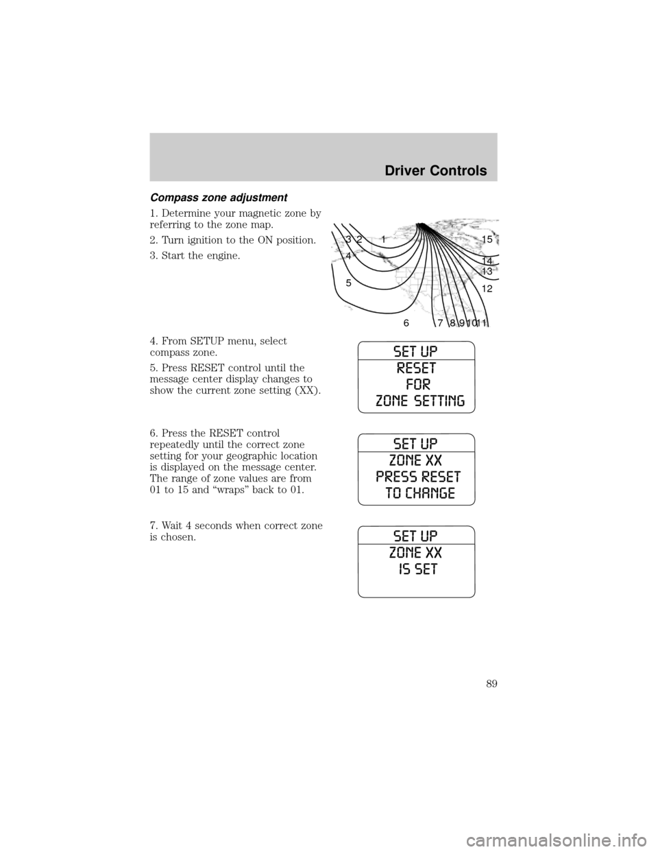FORD EXPLORER 2006 4.G Owners Manual Compass zone adjustment
1. Determine your magnetic zone by
referring to the zone map.
2. Turn ignition to the ON position.
3. Start the engine.
4. From SETUP menu, select
compass zone.
5. Press RESET 