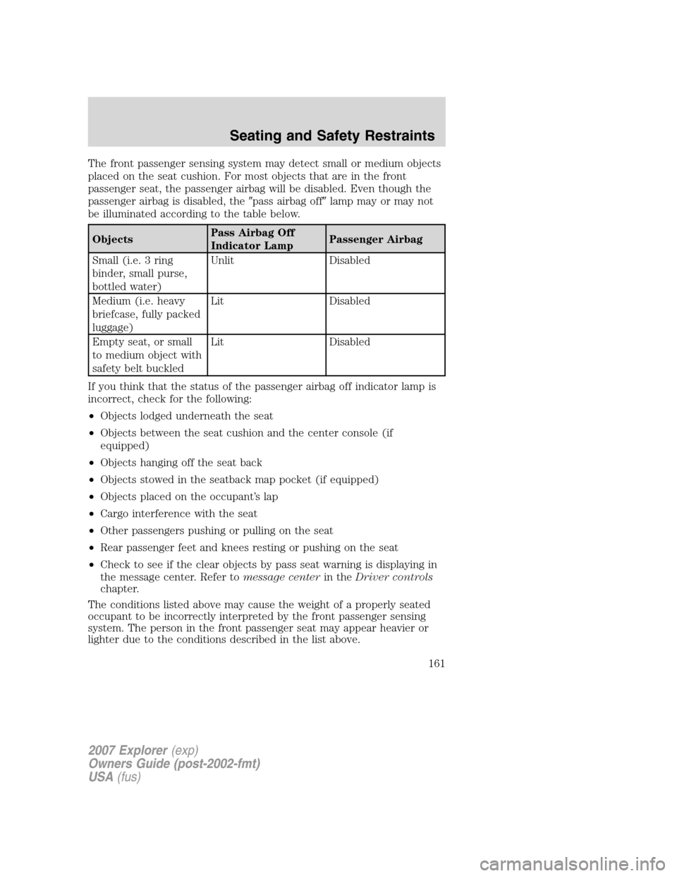 FORD EXPLORER 2007 4.G Owners Manual The front passenger sensing system may detect small or medium objects
placed on the seat cushion. For most objects that are in the front
passenger seat, the passenger airbag will be disabled. Even tho