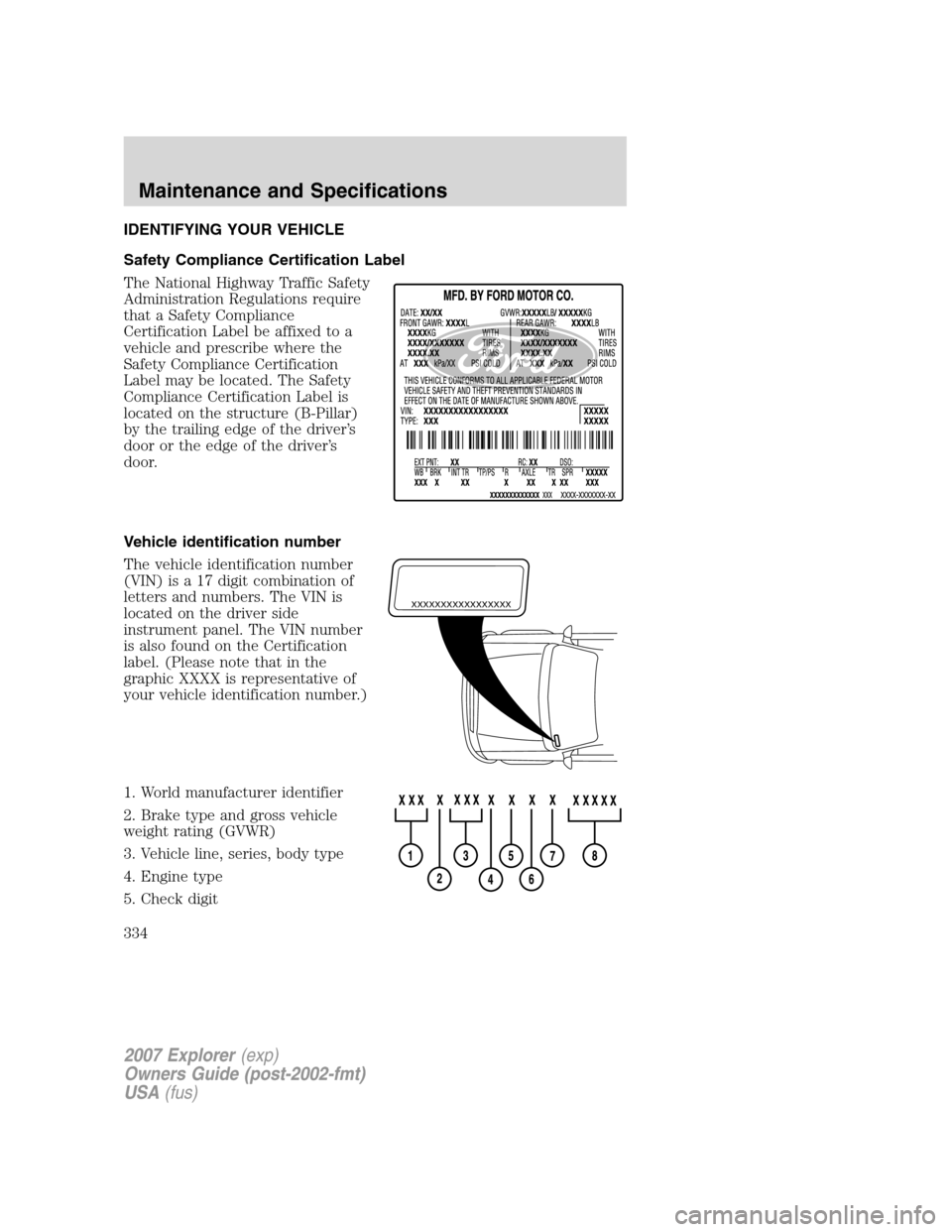 FORD EXPLORER 2007 4.G Owners Manual IDENTIFYING YOUR VEHICLE
Safety Compliance Certification Label
The National Highway Traffic Safety
Administration Regulations require
that a Safety Compliance
Certification Label be affixed to a
vehic