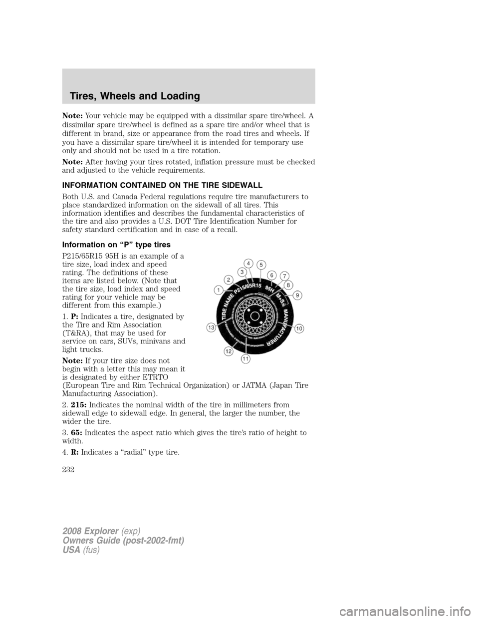 FORD EXPLORER 2008 4.G Owners Manual Note:Your vehicle may be equipped with a dissimilar spare tire/wheel. A
dissimilar spare tire/wheel is defined as a spare tire and/or wheel that is
different in brand, size or appearance from the road FORD EXPLORER 2008 4.G Owners Manual Note:Your vehicle may be equipped with a dissimilar spare tire/wheel. A
dissimilar spare tire/wheel is defined as a spare tire and/or wheel that is
different in brand, size or appearance from the road