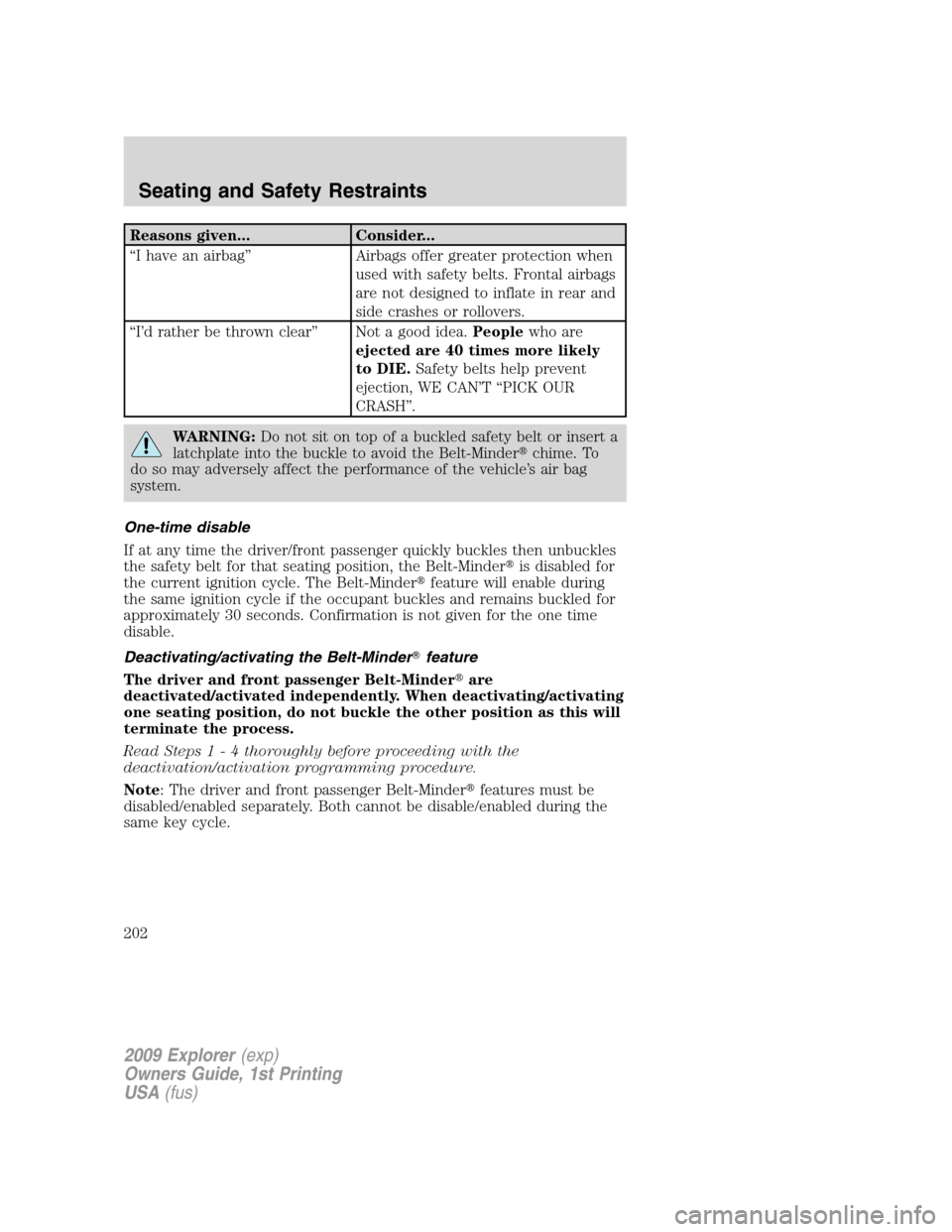 FORD EXPLORER 2009 4.G Owners Manual Reasons given... Consider...
“I have an airbag” Airbags offer greater protection when
used with safety belts. Frontal airbags
are not designed to inflate in rear and
side crashes or rollovers.
“ FORD EXPLORER 2009 4.G Owners Manual Reasons given... Consider...
“I have an airbag” Airbags offer greater protection when
used with safety belts. Frontal airbags
are not designed to inflate in rear and
side crashes or rollovers.
“