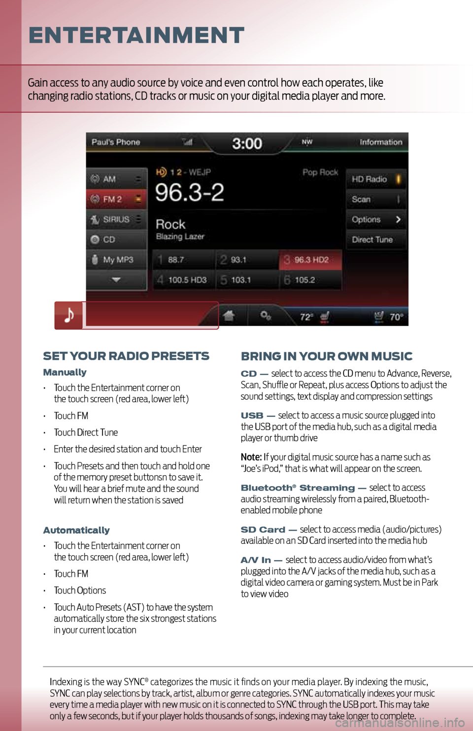 FORD EXPLORER 2011 5.G MyFord Touch User Guide Indexing is the way SYNC® categorizes the music it finds on your media player. By indexing the music,
SYNC can play selections by track, artist, album or genre categories. SYNC automatically indexe FORD EXPLORER 2011 5.G MyFord Touch User Guide Indexing is the way SYNC® categorizes the music it finds on your media player. By indexing the music,
SYNC can play selections by track, artist, album or genre categories. SYNC automatically indexe