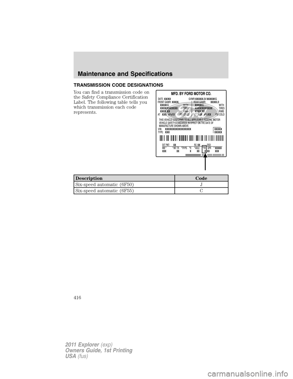 FORD EXPLORER 2011 5.G Owners Manual TRANSMISSION CODE DESIGNATIONS
You can find a transmission code on
the Safety Compliance Certification
Label. The following table tells you
which transmission each code
represents.
Description Code
Si