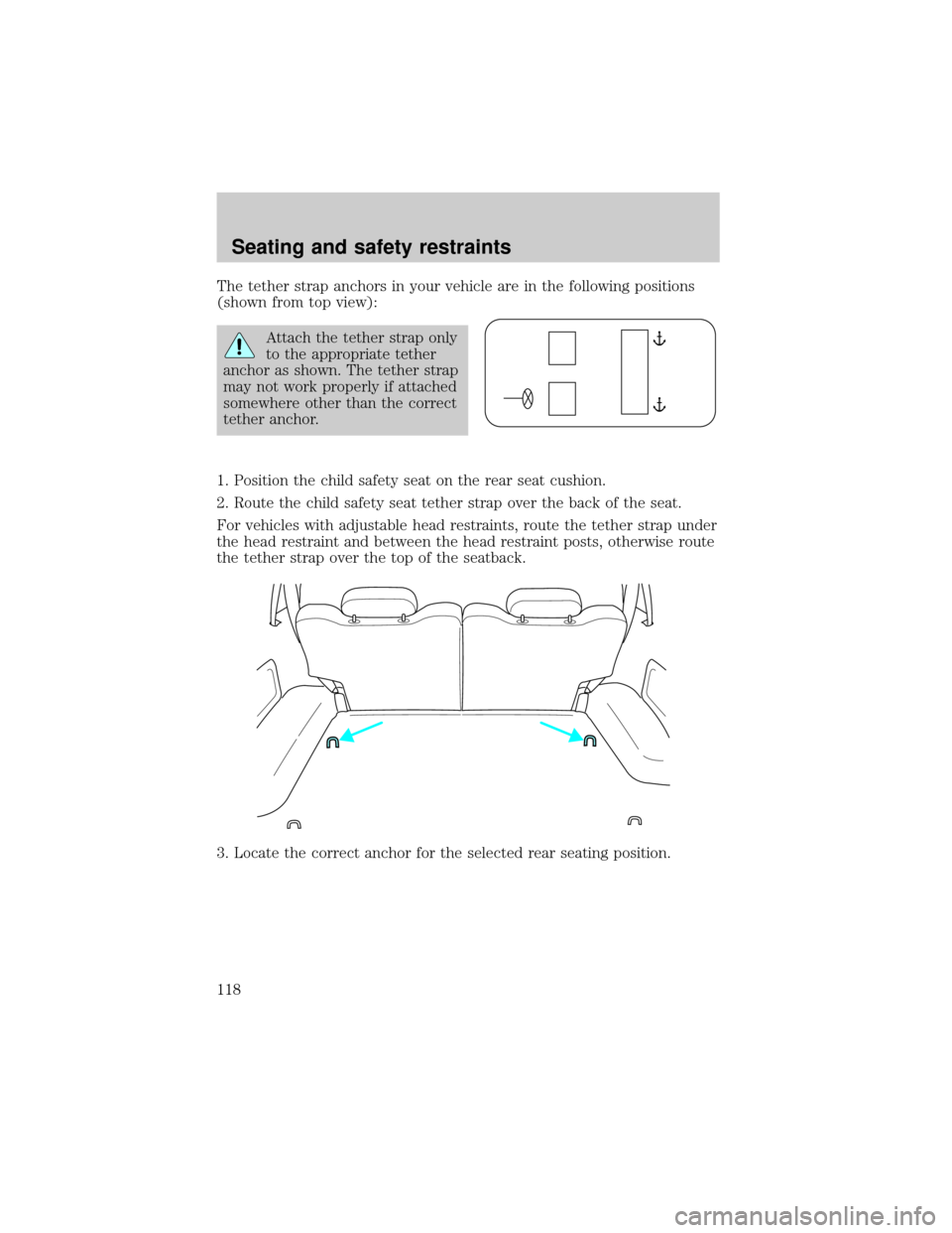 FORD EXPLORER SPORT 2001 1.G Owners Manual The tether strap anchors in your vehicle are in the following positions
(shown from top view):
Attach the tether strap only
to the appropriate tether
anchor as shown. The tether strap
may not work pro