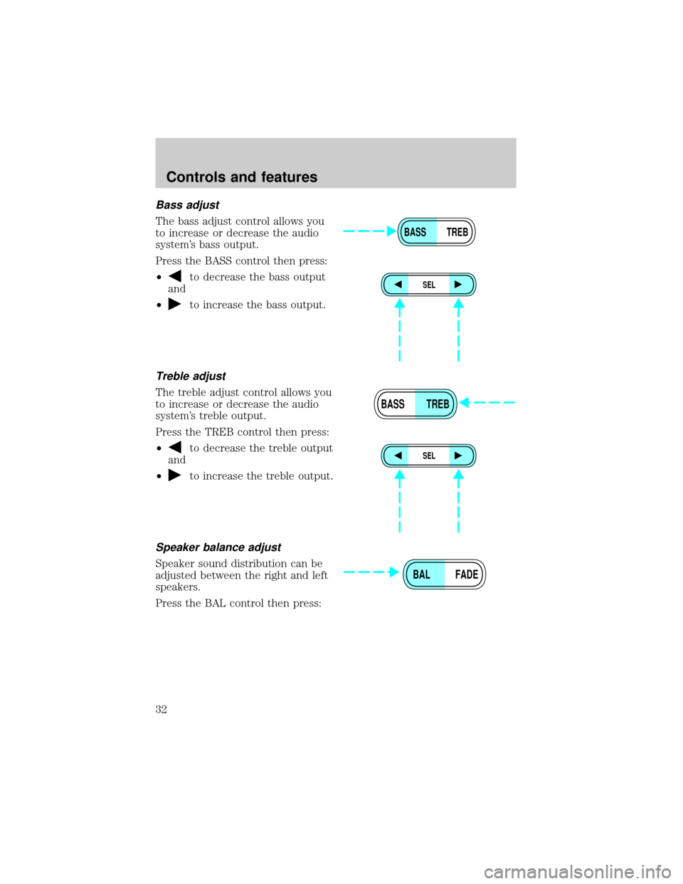 FORD EXPLORER SPORT 2001 1.G Owners Manual Bass adjust
The bass adjust control allows you
to increase or decrease the audio
systems bass output.
Press the BASS control then press:
²
to decrease the bass output
and
²
to increase the bass out