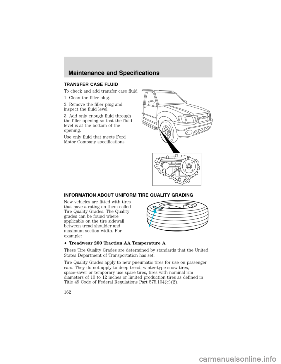 FORD EXPLORER SPORT 2002 1.G Owners Manual TRANSFER CASE FLUID
To check and add transfer case fluid
1. Clean the filler plug.
2. Remove the filler plug and
inspect the fluid level.
3. Add only enough fluid through
the filler opening so that th FORD EXPLORER SPORT 2002 1.G Owners Manual TRANSFER CASE FLUID
To check and add transfer case fluid
1. Clean the filler plug.
2. Remove the filler plug and
inspect the fluid level.
3. Add only enough fluid through
the filler opening so that th
