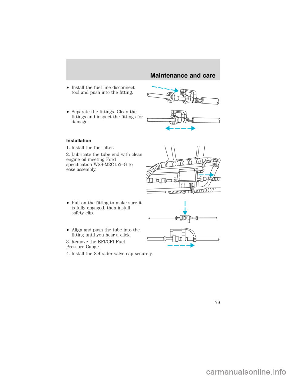 FORD F SERIES MOTORHOME AND COMMERCIAL CHASSIS 1999 10.G Owners Manual •Install the fuel line disconnect
tool and push into the fitting.
•Separate the fittings. Clean the
fittings and inspect the fittings for
damage.
Installation
1. Install the fuel filter.
2. Lubric