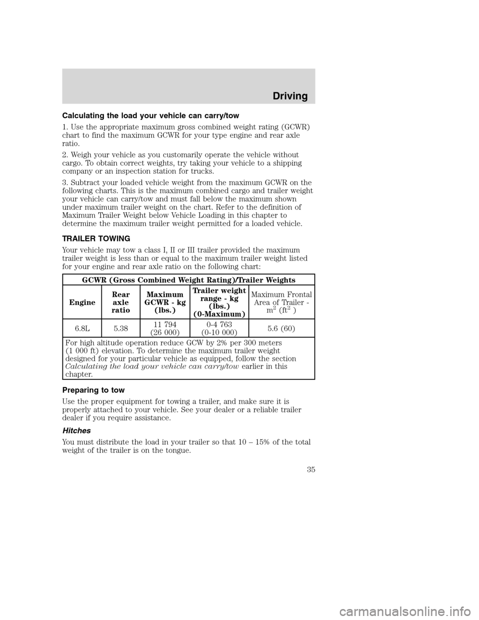 FORD F SERIES MOTORHOME AND COMMERCIAL CHASSIS 2001 10.G Owners Manual Calculating the load your vehicle can carry/tow
1. Use the appropriate maximum gross combined weight rating (GCWR)
chart to find the maximum GCWR for your type engine and rear axle
ratio.
2. Weigh you FORD F SERIES MOTORHOME AND COMMERCIAL CHASSIS 2001 10.G Owners Manual Calculating the load your vehicle can carry/tow
1. Use the appropriate maximum gross combined weight rating (GCWR)
chart to find the maximum GCWR for your type engine and rear axle
ratio.
2. Weigh you