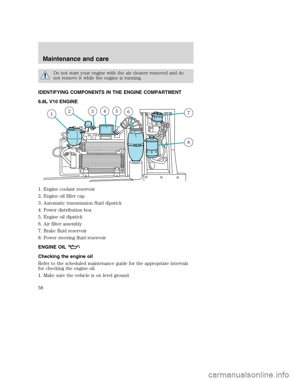 FORD F SERIES MOTORHOME AND COMMERCIAL CHASSIS 2001 10.G Owners Manual Do not start your engine with the air cleaner removed and do
not remove it while the engine is running.
IDENTIFYING COMPONENTS IN THE ENGINE COMPARTMENT
6.8L V10 ENGINE
1. Engine coolant reservoir
2. 