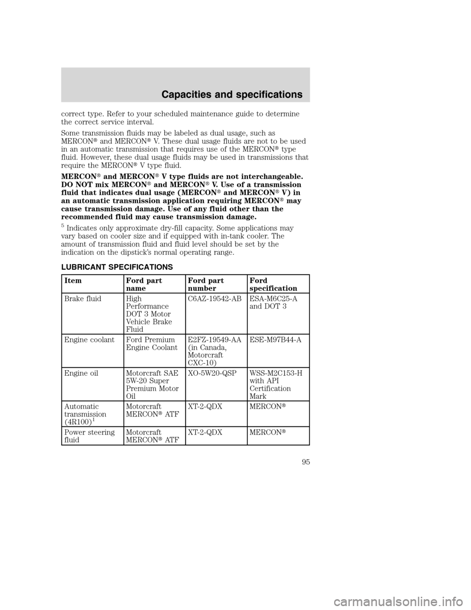 FORD F SERIES MOTORHOME AND COMMERCIAL CHASSIS 2001 10.G Owners Manual correct type. Refer to your scheduled maintenance guide to determine
the correct service interval.
Some transmission fluids may be labeled as dual usage, such as
MERCONand MERCONV. These dual usage FORD F SERIES MOTORHOME AND COMMERCIAL CHASSIS 2001 10.G Owners Manual correct type. Refer to your scheduled maintenance guide to determine
the correct service interval.
Some transmission fluids may be labeled as dual usage, such as
MERCONand MERCONV. These dual usage