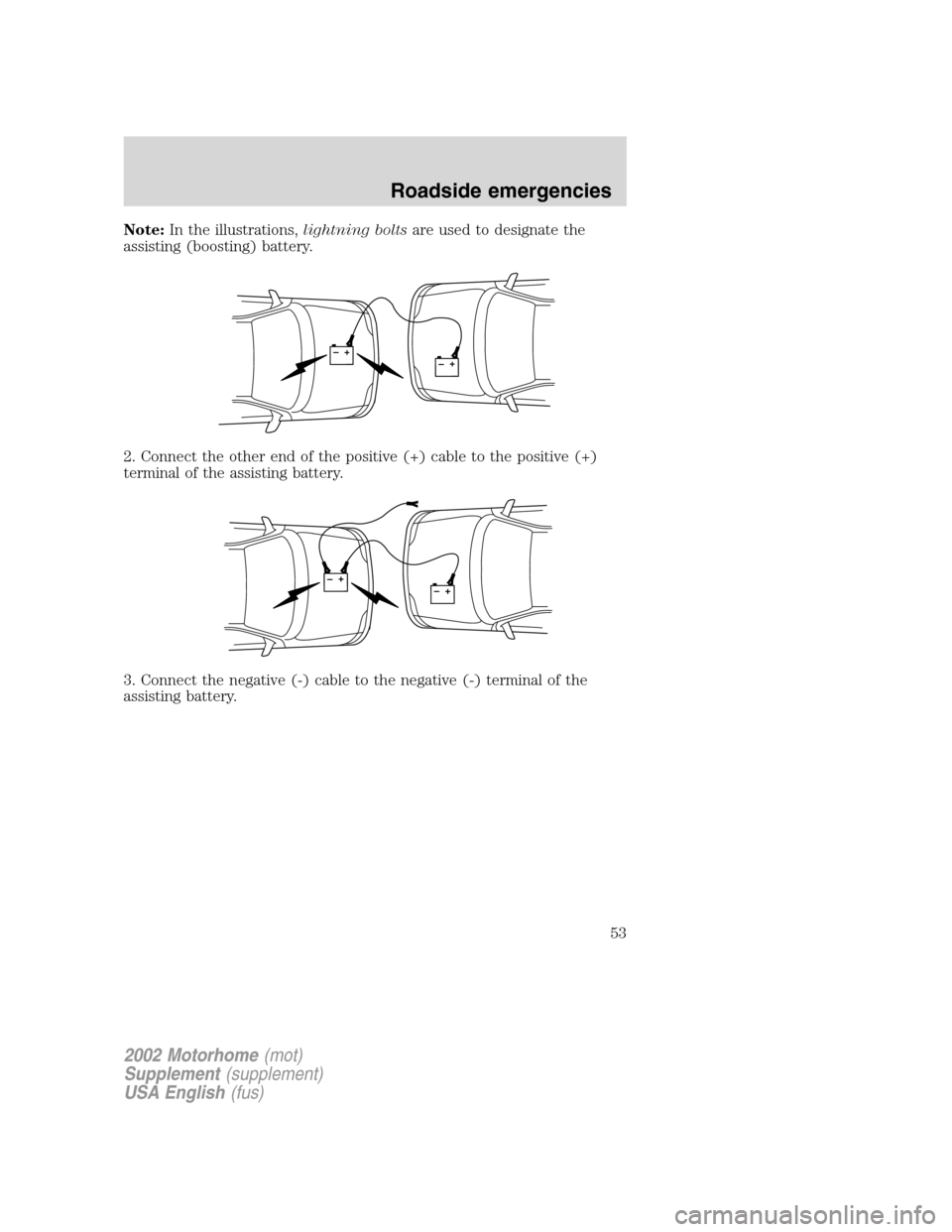 FORD F SERIES MOTORHOME AND COMMERCIAL CHASSIS 2002 10.G Owners Manual Note:In the illustrations,lightning boltsare used to designate the
assisting (boosting) battery.
2. Connect the other end of the positive (+) cable to the positive (+)
terminal of the assisting batter