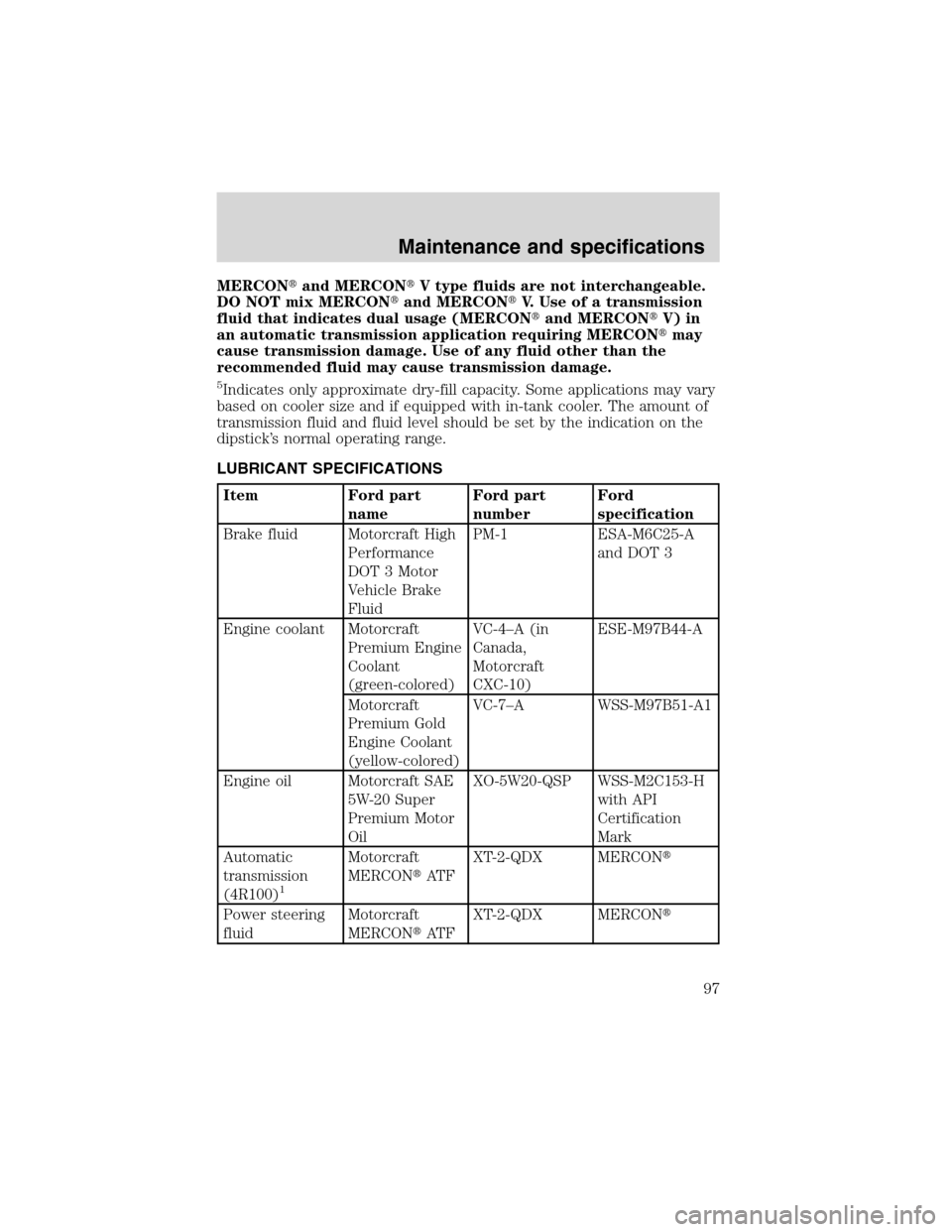 FORD F SERIES MOTORHOME AND COMMERCIAL CHASSIS 2002 10.G Owners Manual MERCONand MERCONV type fluids are not interchangeable.
DO NOT mix MERCONand MERCONV. Use of a transmission
fluid that indicates dual usage (MERCONand MERCONV) in
an automatic transmission applic FORD F SERIES MOTORHOME AND COMMERCIAL CHASSIS 2002 10.G Owners Manual MERCONand MERCONV type fluids are not interchangeable.
DO NOT mix MERCONand MERCONV. Use of a transmission
fluid that indicates dual usage (MERCONand MERCONV) in
an automatic transmission applic