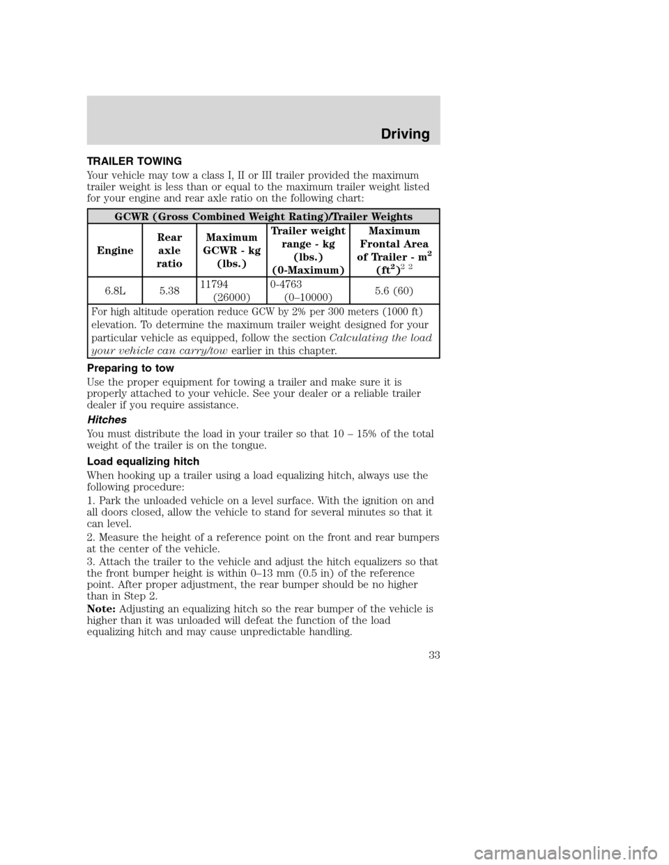 FORD F SERIES MOTORHOME AND COMMERCIAL CHASSIS 2003 10.G Owners Manual TRAILER TOWING
Your vehicle may tow a class I, II or III trailer provided the maximum
trailer weight is less than or equal to the maximum trailer weight listed
for your engine and rear axle ratio on t FORD F SERIES MOTORHOME AND COMMERCIAL CHASSIS 2003 10.G Owners Manual TRAILER TOWING
Your vehicle may tow a class I, II or III trailer provided the maximum
trailer weight is less than or equal to the maximum trailer weight listed
for your engine and rear axle ratio on t