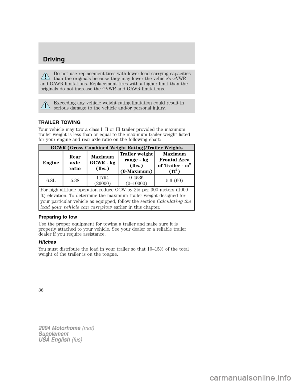 FORD F SERIES MOTORHOME AND COMMERCIAL CHASSIS 2004 11.G Owners Manual Do not use replacement tires with lower load carrying capacities
than the originals because they may lower the vehicle’s GVWR
and GAWR limitations. Replacement tires with a higher limit than the
ori FORD F SERIES MOTORHOME AND COMMERCIAL CHASSIS 2004 11.G Owners Manual Do not use replacement tires with lower load carrying capacities
than the originals because they may lower the vehicle’s GVWR
and GAWR limitations. Replacement tires with a higher limit than the
ori