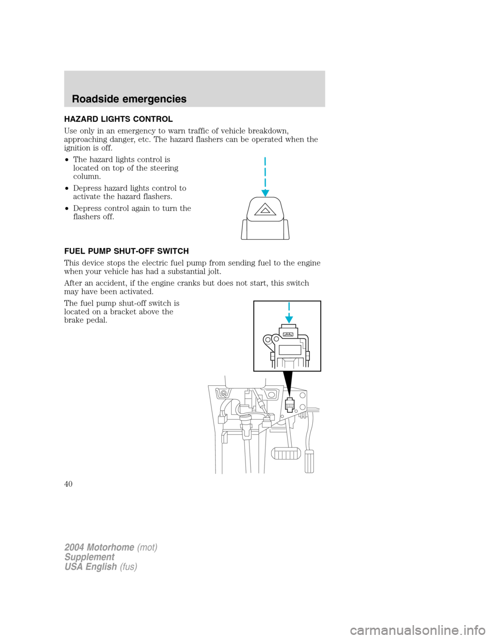 FORD F SERIES MOTORHOME AND COMMERCIAL CHASSIS 2004 11.G Owners Manual HAZARD LIGHTS CONTROL
Use only in an emergency to warn traffic of vehicle breakdown,
approaching danger, etc. The hazard flashers can be operated when the
ignition is off.
•The hazard lights control
