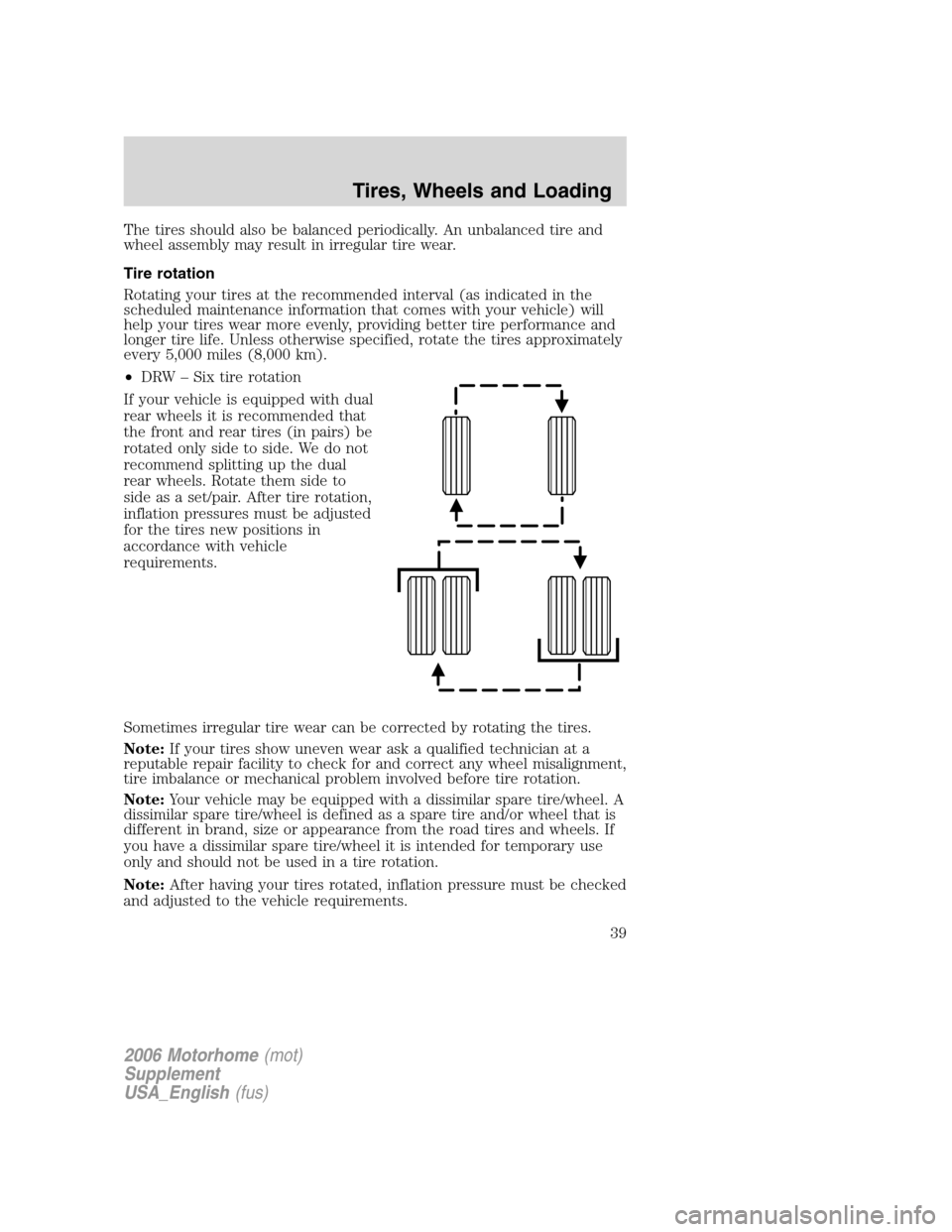 FORD F SERIES MOTORHOME AND COMMERCIAL CHASSIS 2006 11.G Owners Manual The tires should also be balanced periodically. An unbalanced tire and
wheel assembly may result in irregular tire wear.
Tire rotation
Rotating your tires at the recommended interval (as indicated in FORD F SERIES MOTORHOME AND COMMERCIAL CHASSIS 2006 11.G Owners Manual The tires should also be balanced periodically. An unbalanced tire and
wheel assembly may result in irregular tire wear.
Tire rotation
Rotating your tires at the recommended interval (as indicated in