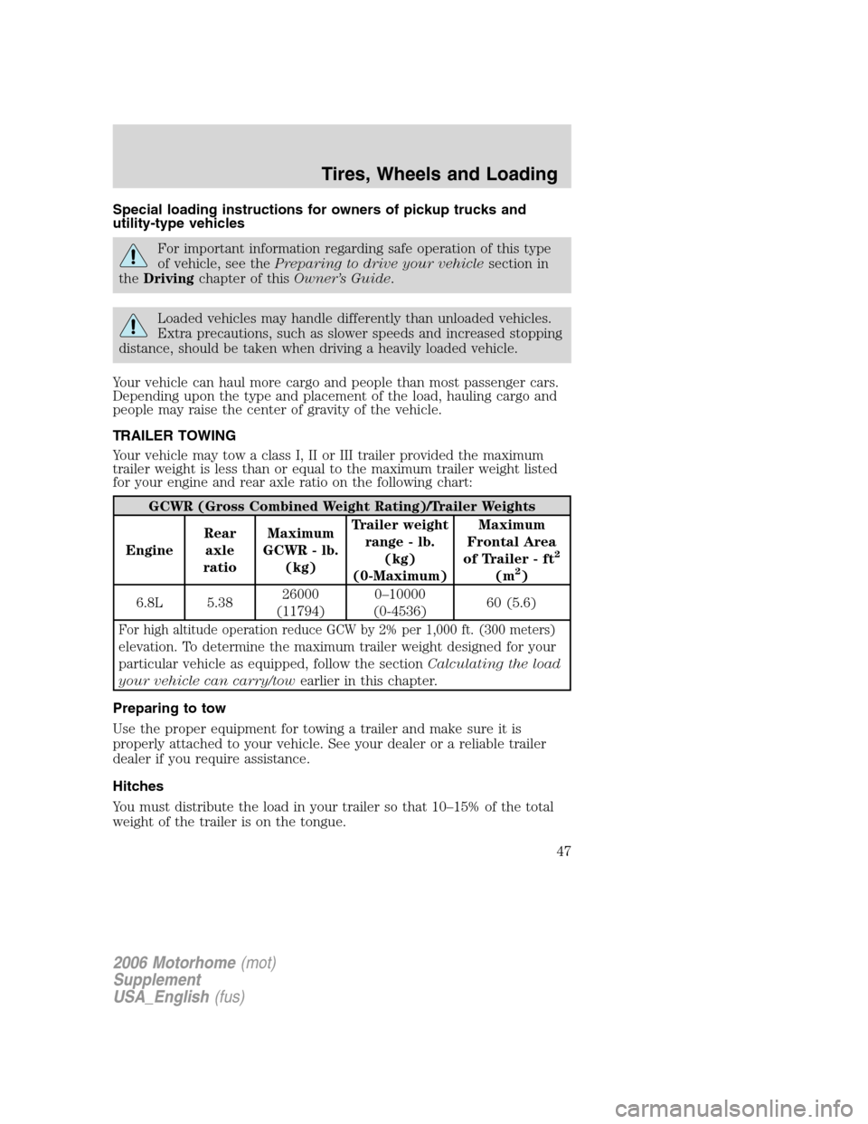 FORD F SERIES MOTORHOME AND COMMERCIAL CHASSIS 2006 11.G Owners Manual Special loading instructions for owners of pickup trucks and
utility-type vehicles
For important information regarding safe operation of this type
of vehicle, see thePreparing to drive your vehiclesec
