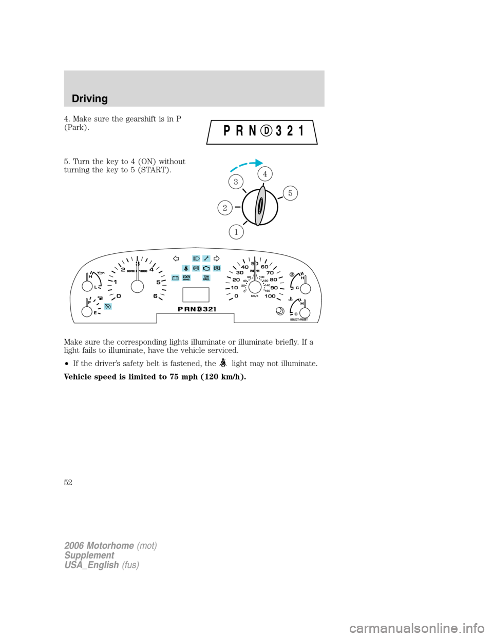 FORD F SERIES MOTORHOME AND COMMERCIAL CHASSIS 2006 11.G Owners Manual 4. Make sure the gearshift is in P
(Park).
5. Turn the key to 4 (ON) without
turning the key to 5 (START).
Make sure the corresponding lights illuminate or illuminate briefly. If a
light fails to illu