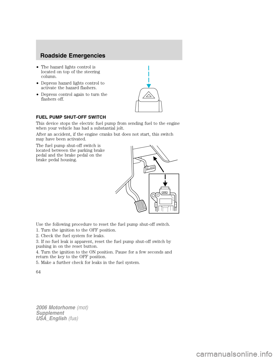 FORD F SERIES MOTORHOME AND COMMERCIAL CHASSIS 2006 11.G Owners Manual •The hazard lights control is
located on top of the steering
column.
•Depress hazard lights control to
activate the hazard flashers.
•Depress control again to turn the
flashers off.
FUEL PUMP SH