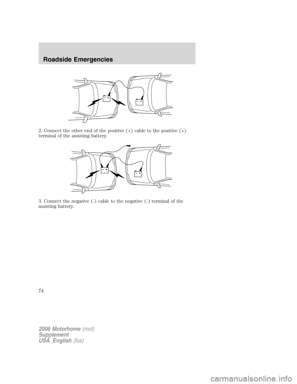 FORD F SERIES MOTORHOME AND COMMERCIAL CHASSIS 2006 11.G Owners Manual 2. Connect the other end of the positive (+) cable to the positive (+)
terminal of the assisting battery.
3. Connect the negative (-) cable to the negative (-) terminal of the
assisting battery.
+–+