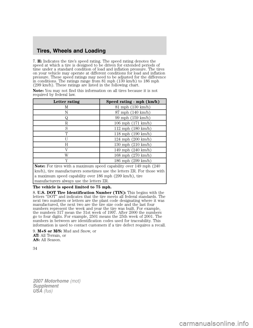 FORD F SERIES MOTORHOME AND COMMERCIAL CHASSIS 2007 11.G Owners Manual 7.H:Indicates the tire’s speed rating. The speed rating denotes the
speed at which a tire is designed to be driven for extended periods of
time under a standard condition of load and inflation press FORD F SERIES MOTORHOME AND COMMERCIAL CHASSIS 2007 11.G Owners Manual 7.H:Indicates the tire’s speed rating. The speed rating denotes the
speed at which a tire is designed to be driven for extended periods of
time under a standard condition of load and inflation press