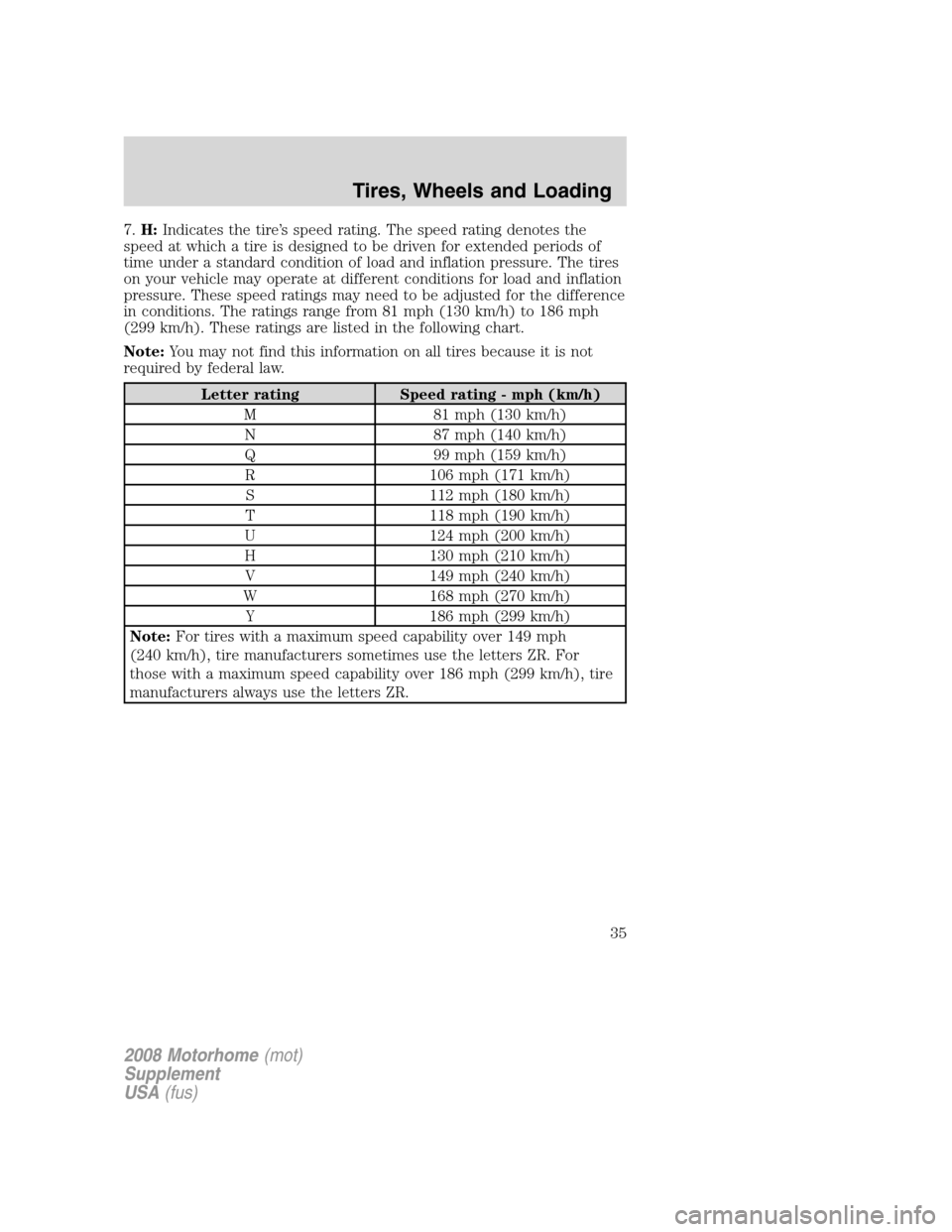FORD F SERIES MOTORHOME AND COMMERCIAL CHASSIS 2008 11.G Owners Manual 7.H:Indicates the tire’s speed rating. The speed rating denotes the
speed at which a tire is designed to be driven for extended periods of
time under a standard condition of load and inflation press