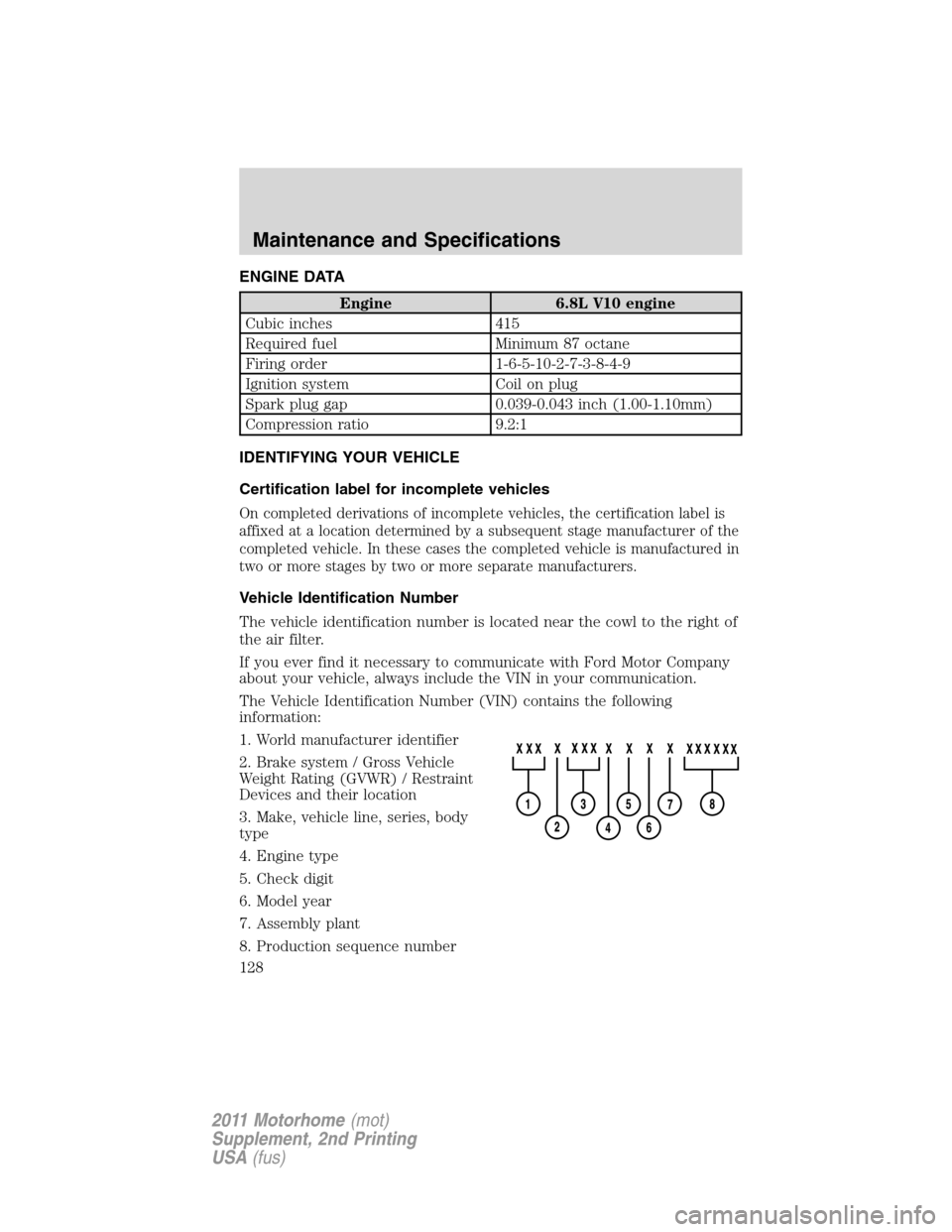 FORD F SERIES MOTORHOME AND COMMERCIAL CHASSIS 2011 12.G Owners Manual ENGINE DATA
Engine 6.8L V10 engine
Cubic inches 415
Required fuel Minimum 87 octane
Firing order 1-6-5-10-2-7-3-8-4-9
Ignition system Coil on plug
Spark plug gap 0.039-0.043 inch (1.00-1.10mm)
Compres FORD F SERIES MOTORHOME AND COMMERCIAL CHASSIS 2011 12.G Owners Manual ENGINE DATA
Engine 6.8L V10 engine
Cubic inches 415
Required fuel Minimum 87 octane
Firing order 1-6-5-10-2-7-3-8-4-9
Ignition system Coil on plug
Spark plug gap 0.039-0.043 inch (1.00-1.10mm)
Compres