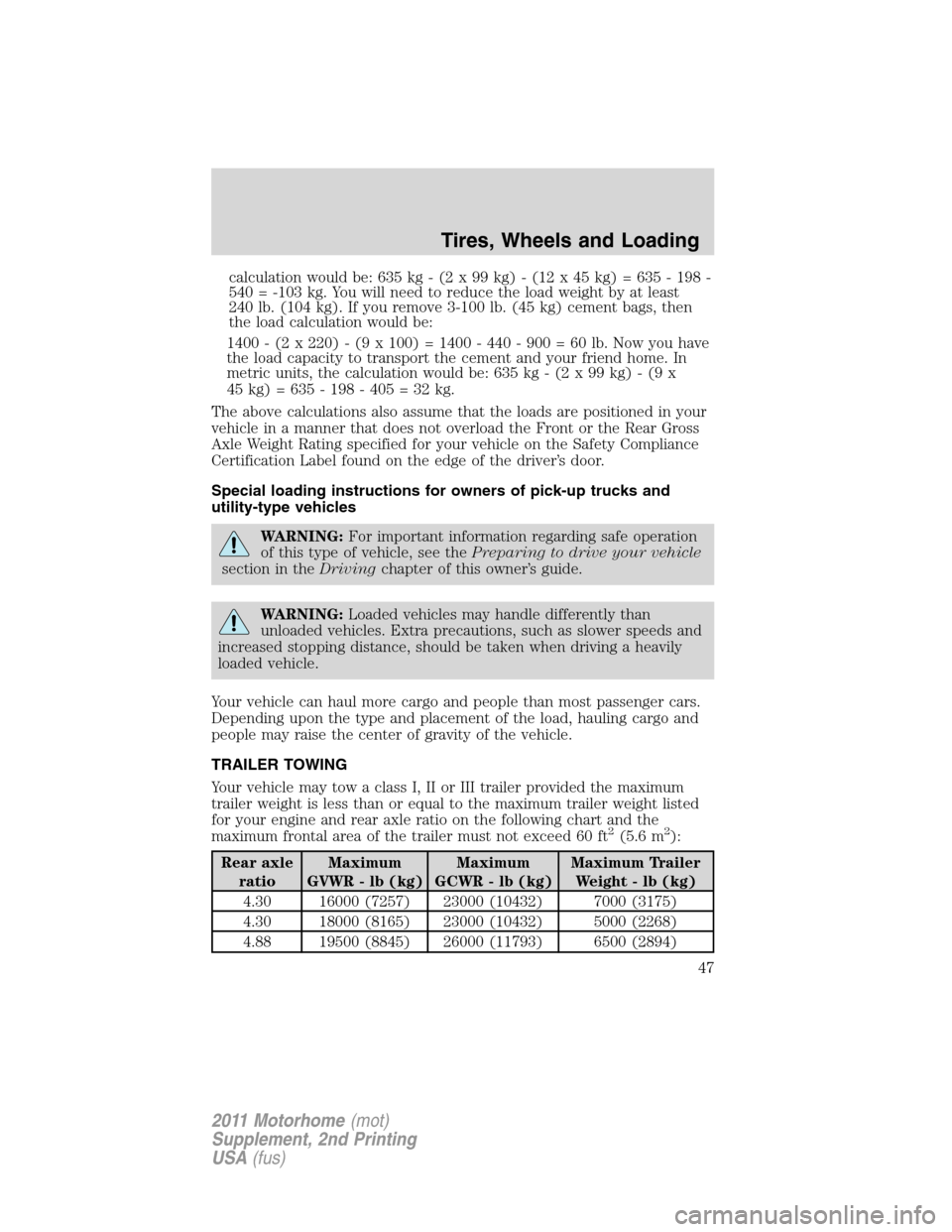 FORD F SERIES MOTORHOME AND COMMERCIAL CHASSIS 2011 12.G Owners Manual calculation would be: 635 kg - (2 x 99 kg) - (12 x 45 kg) = 635 - 198 -
540 = -103 kg. You will need to reduce the load weight by at least
240 lb. (104 kg). If you remove 3-100 lb. (45 kg) cement bags FORD F SERIES MOTORHOME AND COMMERCIAL CHASSIS 2011 12.G Owners Manual calculation would be: 635 kg - (2 x 99 kg) - (12 x 45 kg) = 635 - 198 -
540 = -103 kg. You will need to reduce the load weight by at least
240 lb. (104 kg). If you remove 3-100 lb. (45 kg) cement bags
