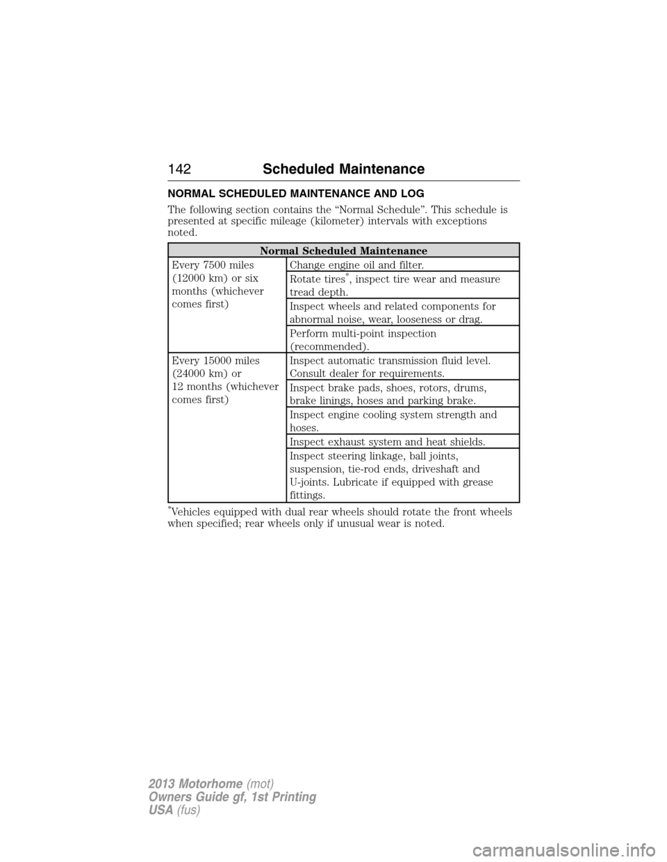 FORD F SERIES MOTORHOME AND COMMERCIAL CHASSIS 2013 12.G Owners Manual NORMAL SCHEDULED MAINTENANCE AND LOG
The following section contains the “Normal Schedule”. This schedule is
presented at specific mileage (kilometer) intervals with exceptions
noted.
Normal Schedu FORD F SERIES MOTORHOME AND COMMERCIAL CHASSIS 2013 12.G Owners Manual NORMAL SCHEDULED MAINTENANCE AND LOG
The following section contains the “Normal Schedule”. This schedule is
presented at specific mileage (kilometer) intervals with exceptions
noted.
Normal Schedu