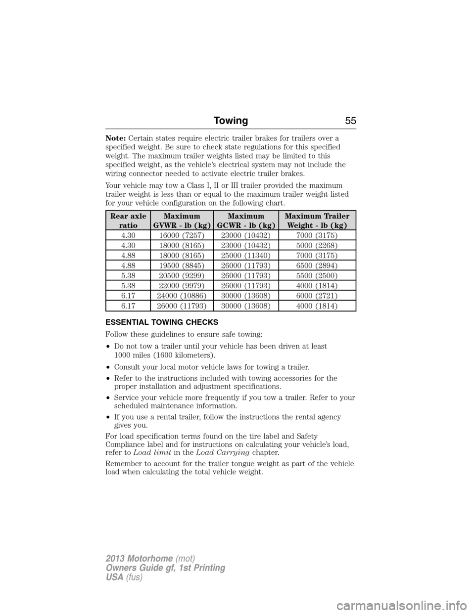FORD F SERIES MOTORHOME AND COMMERCIAL CHASSIS 2013 12.G Owners Manual Note:Certain states require electric trailer brakes for trailers over a
specified weight. Be sure to check state regulations for this specified
weight. The maximum trailer weights listed may be limite FORD F SERIES MOTORHOME AND COMMERCIAL CHASSIS 2013 12.G Owners Manual Note:Certain states require electric trailer brakes for trailers over a
specified weight. Be sure to check state regulations for this specified
weight. The maximum trailer weights listed may be limite