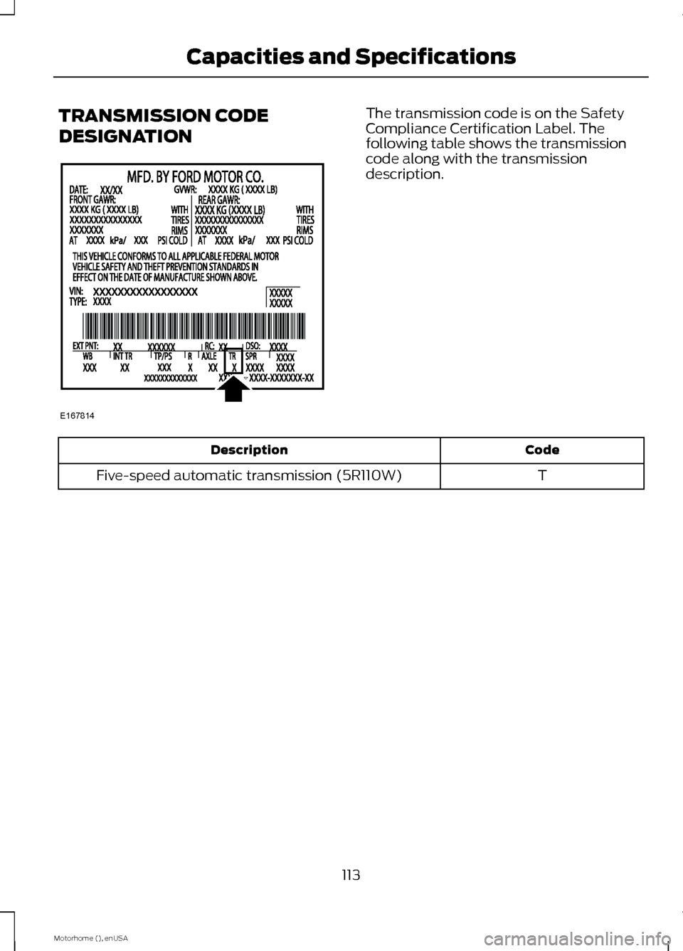 FORD F SERIES MOTORHOME AND COMMERCIAL CHASSIS 2015 13.G Owners Manual TRANSMISSION CODE
DESIGNATION
The transmission code is on the SafetyCompliance Certification Label. Thefollowing table shows the transmissioncode along with the transmissiondescription.
CodeDescriptio