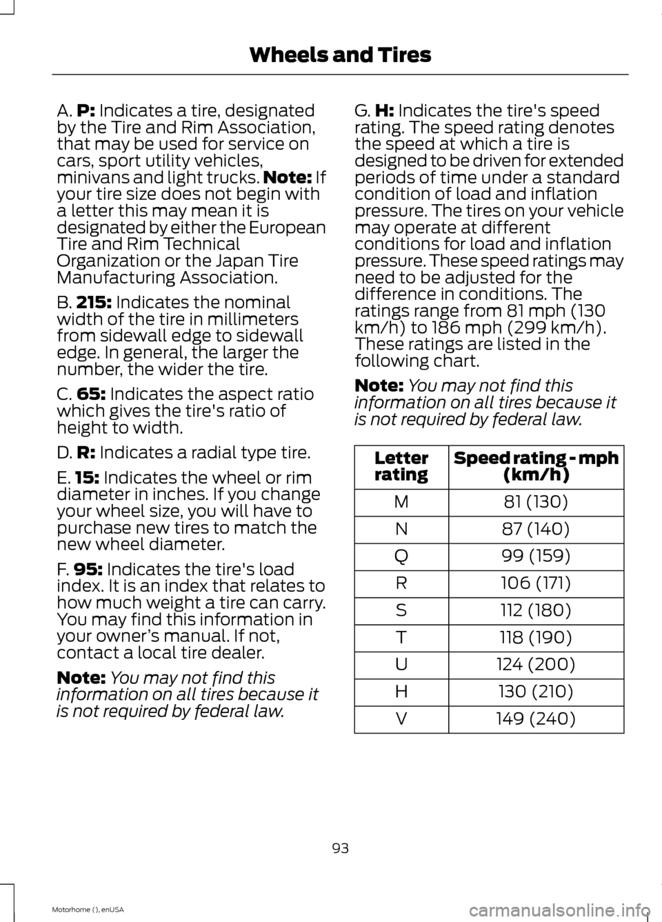 FORD F SERIES MOTORHOME AND COMMERCIAL CHASSIS 2015 13.G Owners Manual A.P: Indicates a tire, designatedby the Tire and Rim Association,that may be used for service oncars, sport utility vehicles,minivans and light trucks.Note: Ifyour tire size does not begin witha lette