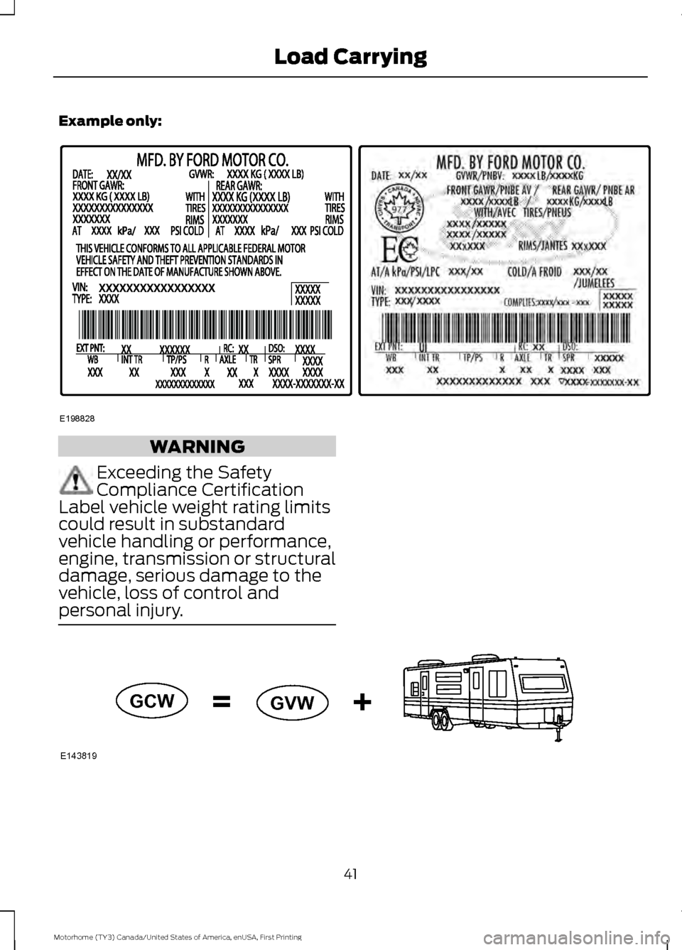 FORD F SERIES MOTORHOME AND COMMERCIAL CHASSIS 2017 13.G Owners Manual Example only:
WARNING
Exceeding the Safety
Compliance Certification
Label vehicle weight rating limits
could result in substandard
vehicle handling or performance,
engine, transmission or structural
d