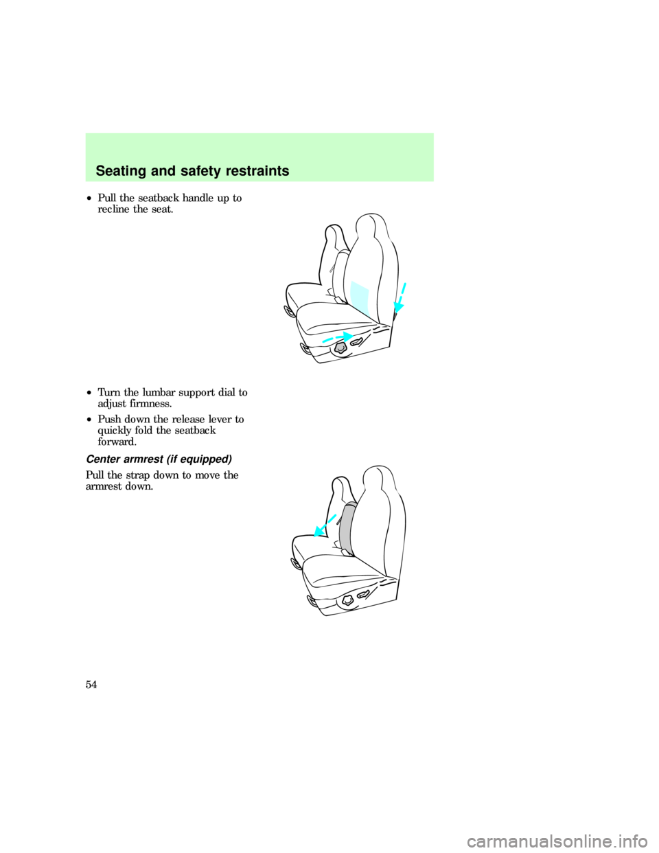 FORD F150 1997 10.G Owners Manual ²Pull the seatback handle up to
recline the seat.
²Turn the lumbar support dial to
adjust firmness.
²Push down the release lever to
quickly fold the seatback
forward.
Center armrest (if equipped)
P