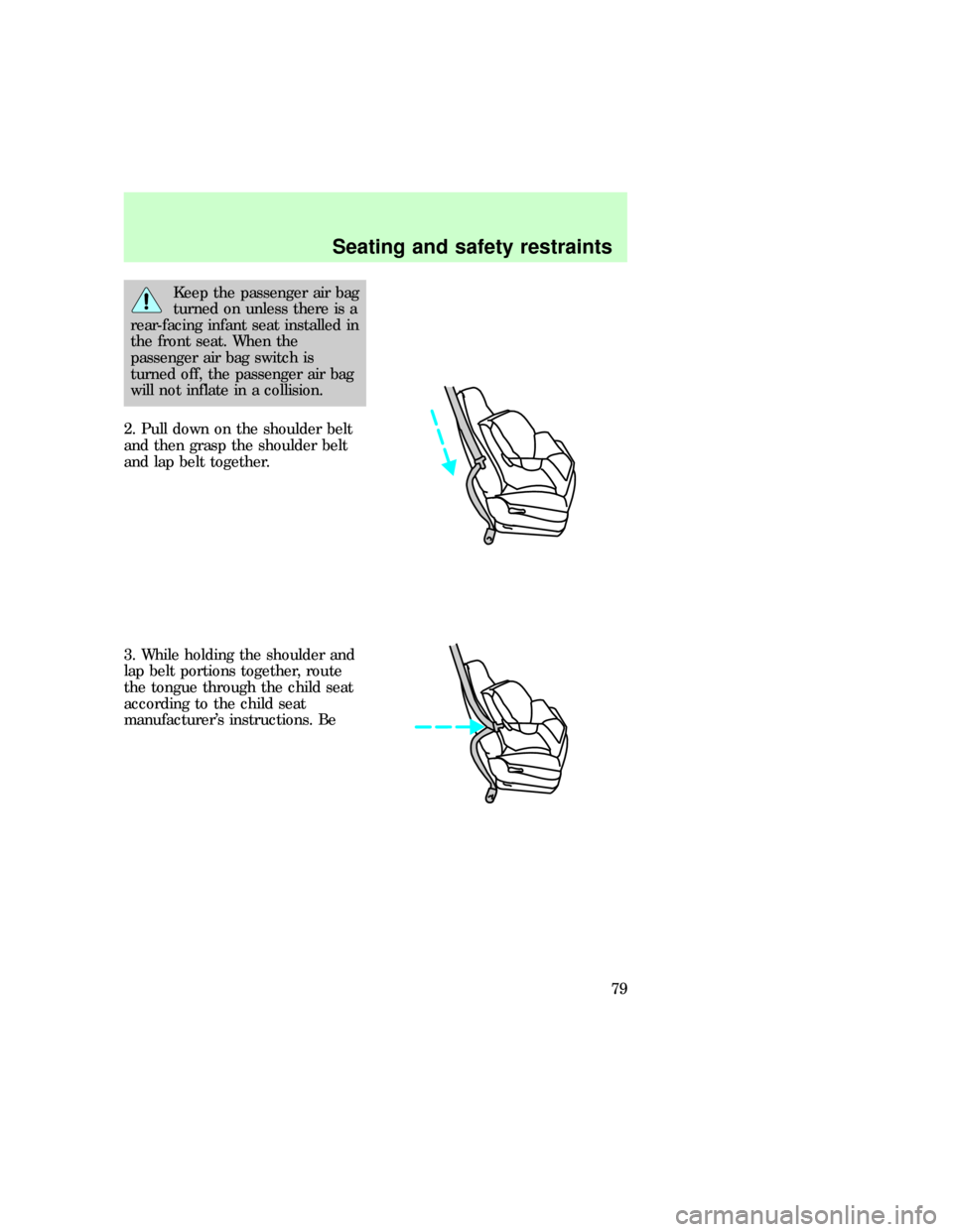 FORD F150 1997 10.G Owners Manual Keep the passenger air bag
turned on unless there is a
rear-facing infant seat installed in
the front seat. When the
passenger air bag switch is
turned off, the passenger air bag
will not inflate in a
