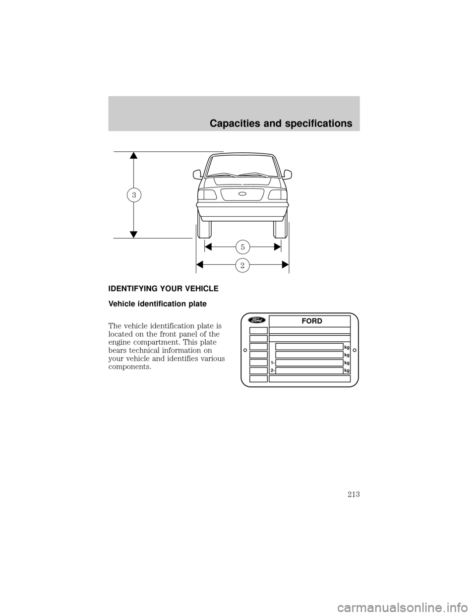FORD F150 1998 10.G Owners Manual IDENTIFYING YOUR VEHICLE
Vehicle identification plate
The vehicle identification plate is
located on the front panel of the
engine compartment. This plate
bears technical information on
your vehicle a