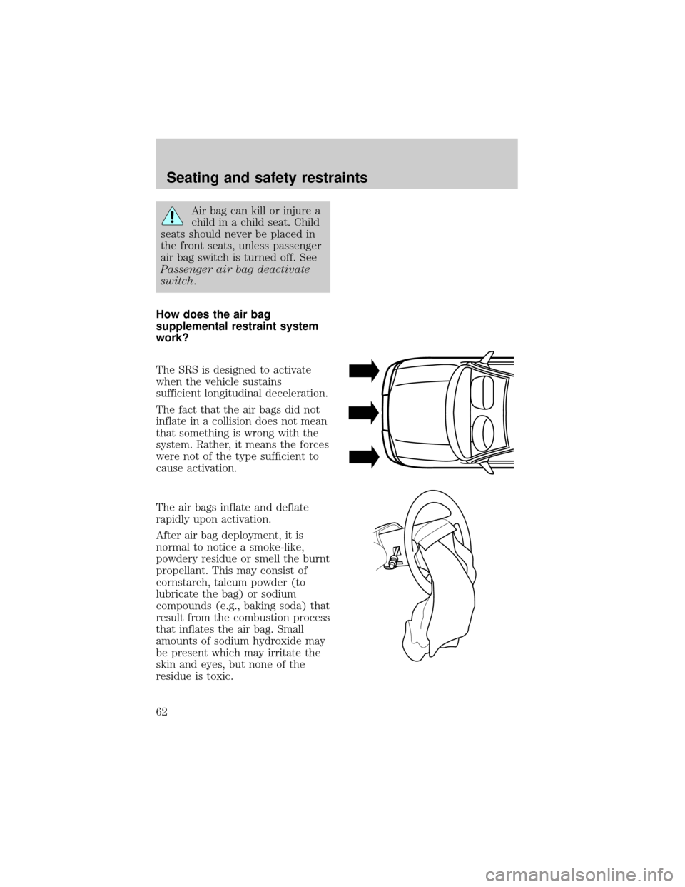 FORD F150 1998 10.G Owners Manual Air bag can kill or injure a
child in a child seat. Child
seats should never be placed in
the front seats, unless passenger
air bag switch is turned off. See
Passenger air bag deactivate
switch.
How d FORD F150 1998 10.G Owners Manual Air bag can kill or injure a
child in a child seat. Child
seats should never be placed in
the front seats, unless passenger
air bag switch is turned off. See
Passenger air bag deactivate
switch.
How d