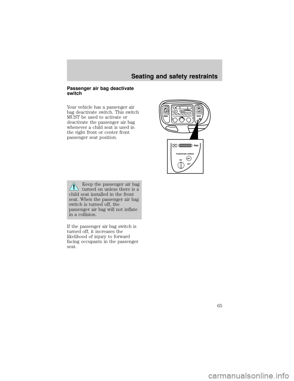 FORD F150 1998 10.G Owners Manual Passenger air bag deactivate
switch
Your vehicle has a passenger air
bag deactivate switch. This switch
MUST be used to activate or
deactivate the passenger air bag
whenever a child seat is used in
th
