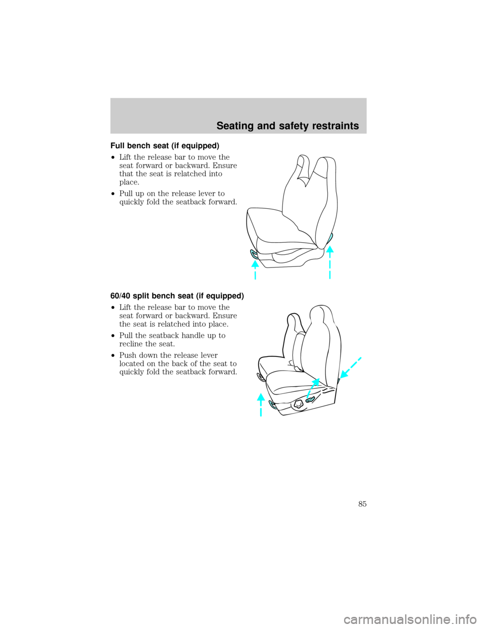 FORD F150 1999 10.G Owners Manual Full bench seat (if equipped)
²Lift the release bar to move the
seat forward or backward. Ensure
that the seat is relatched into
place.
²Pull up on the release lever to
quickly fold the seatback for