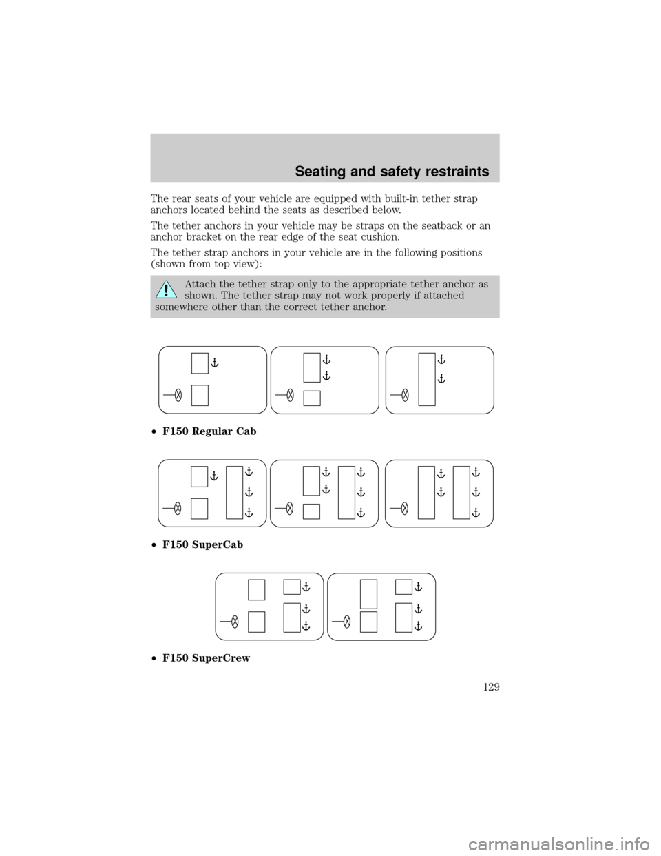 FORD F150 2000 10.G Owners Manual The rear seats of your vehicle are equipped with built-in tether strap
anchors located behind the seats as described below.
The tether anchors in your vehicle may be straps on the seatback or an
ancho